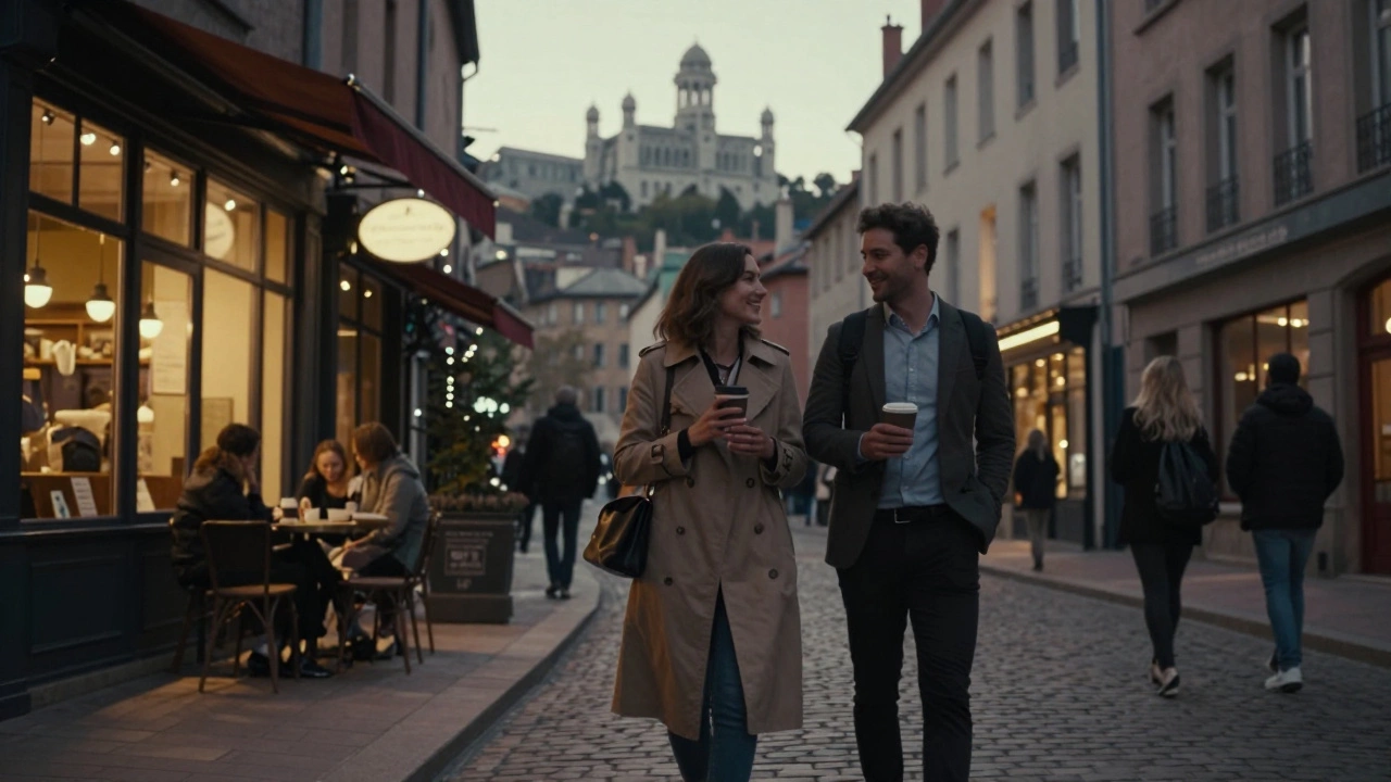 A couple walking through Lyon&#039;s cobblestone streets at dusk, enjoying coffee and the historic ambiance.