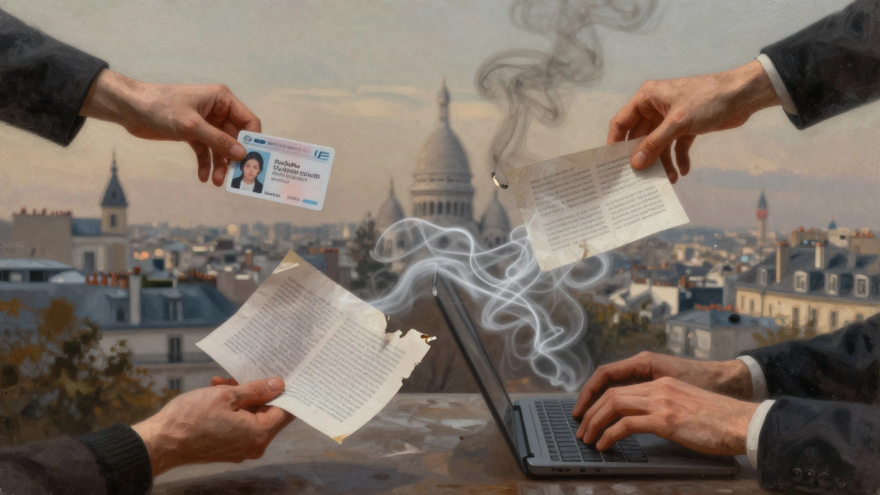 Ghostly AI narratives swirling around real objects like IDs and flyers, against a blurred Parisian cityscape.